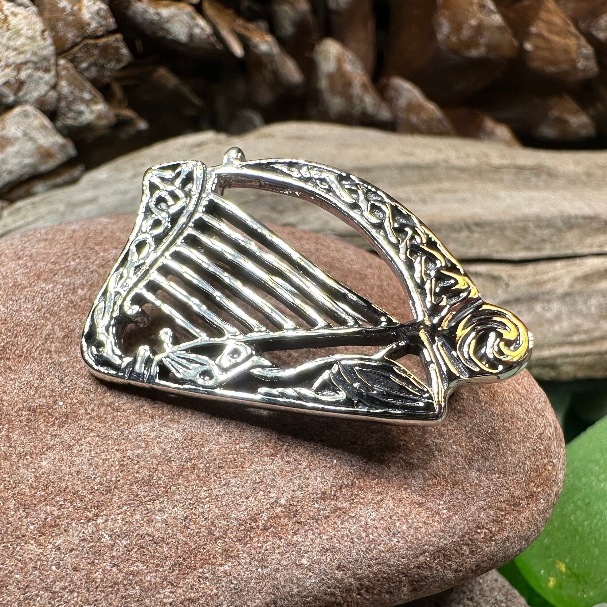 Ancient Bard Celtic Harp Brooch - Irish Sterling Silver Pin
