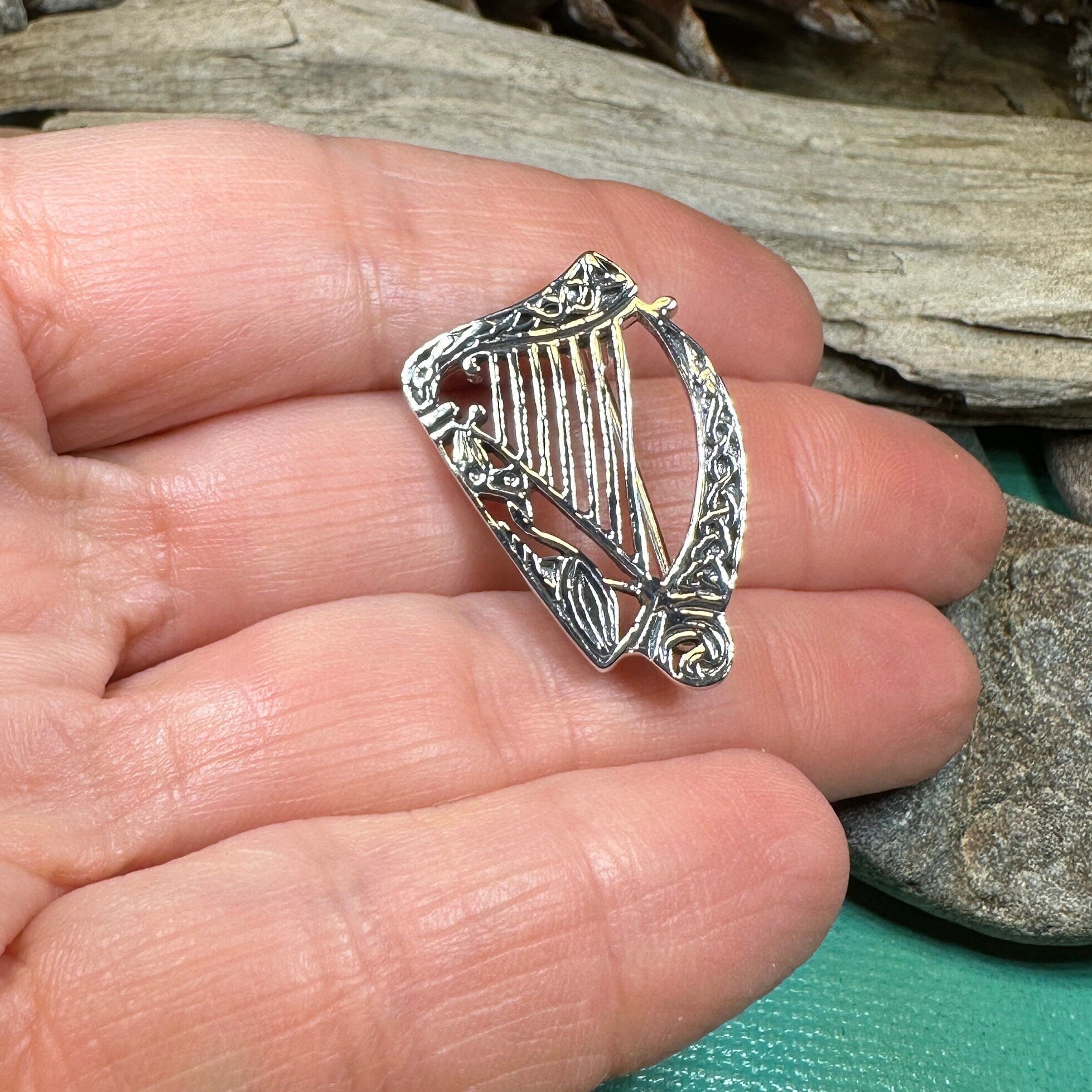 Ancient Bard Celtic Harp Brooch - Irish Sterling Silver Pin