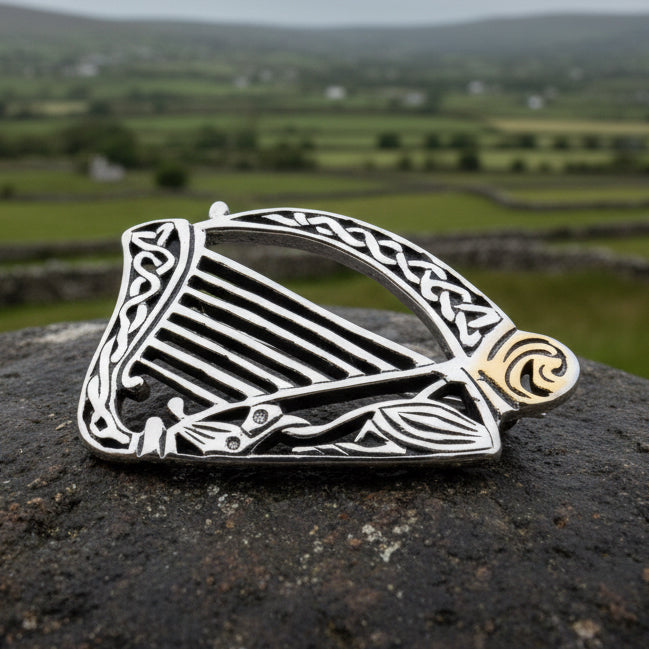 Ancient Bard Celtic Harp Brooch - Irish Sterling Silver Pin