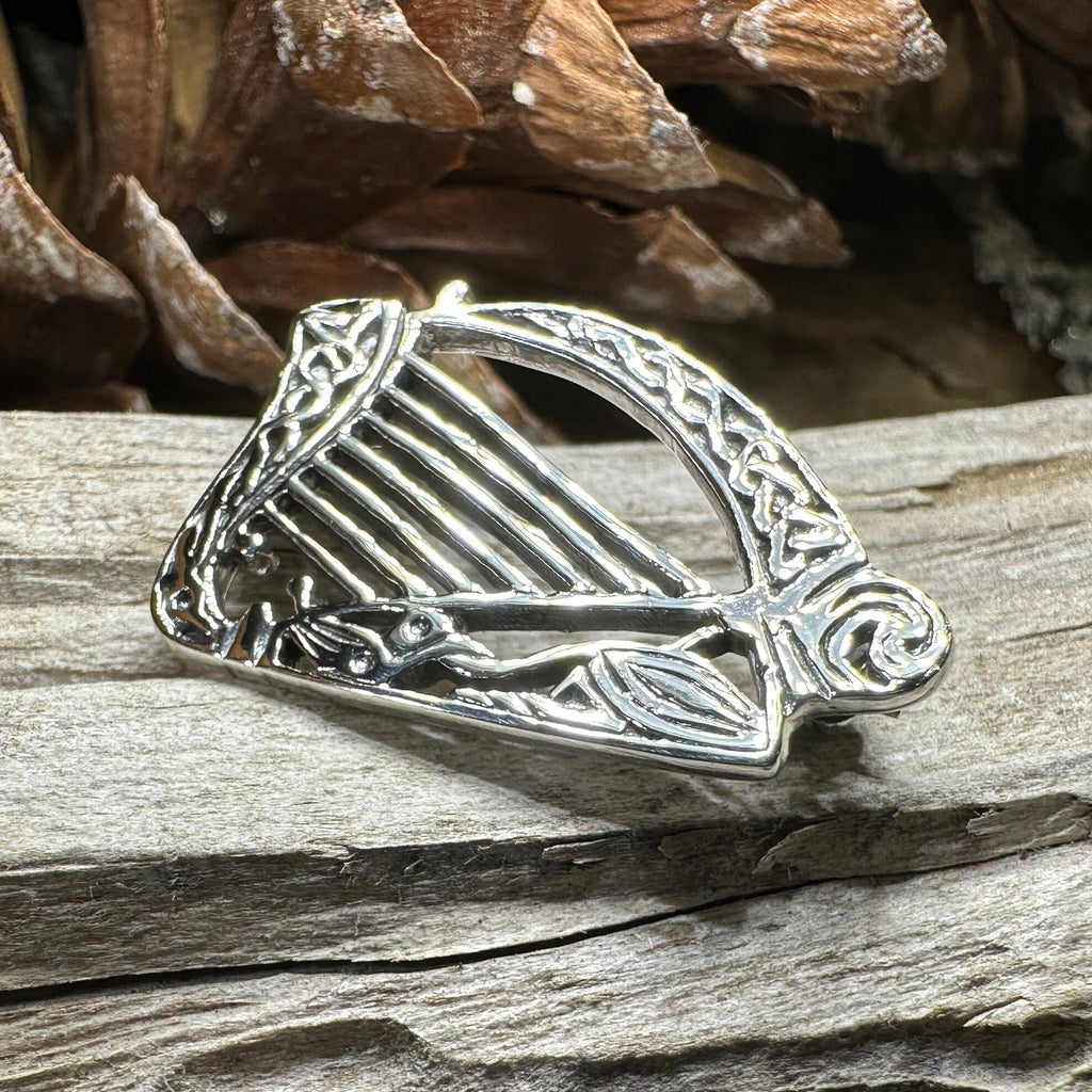 Ancient Bard Celtic Harp Brooch - Irish Sterling Silver Pin