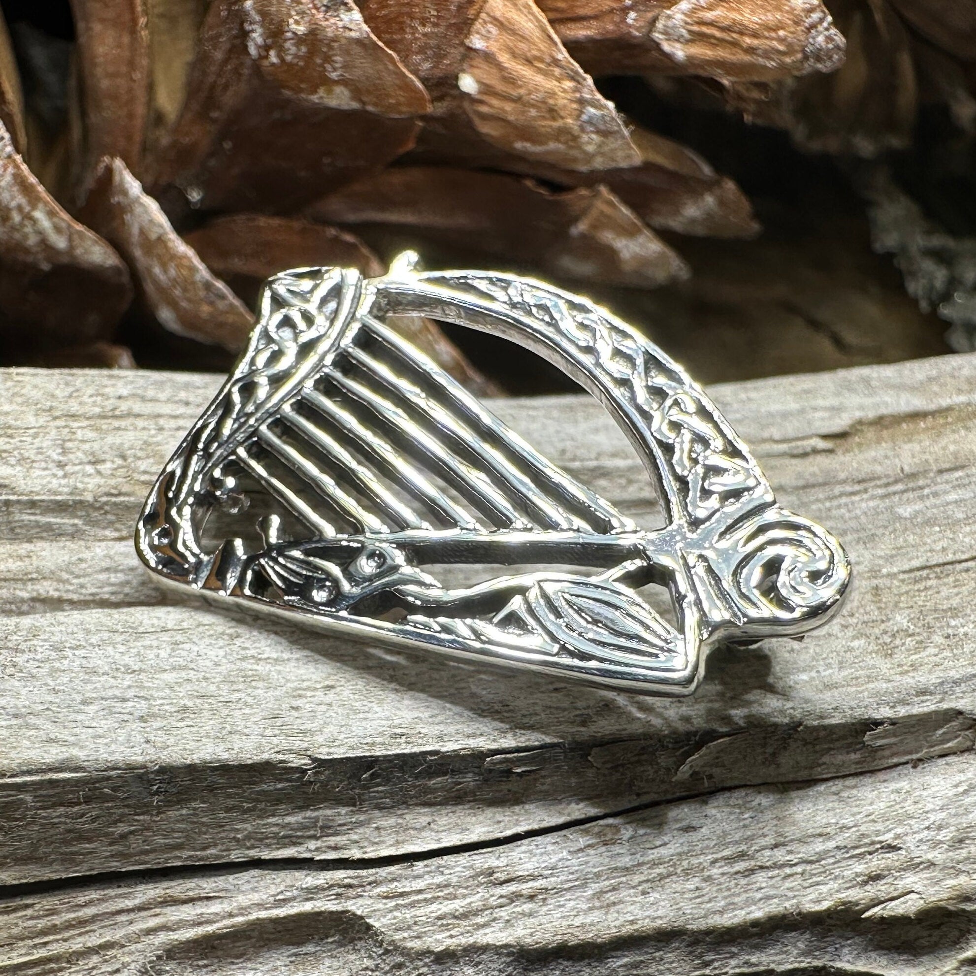 Ancient Bard Celtic Harp Brooch - Irish Sterling Silver Pin