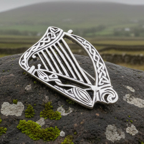 Ancient Bard Celtic Harp Brooch - Irish Sterling Silver Pin