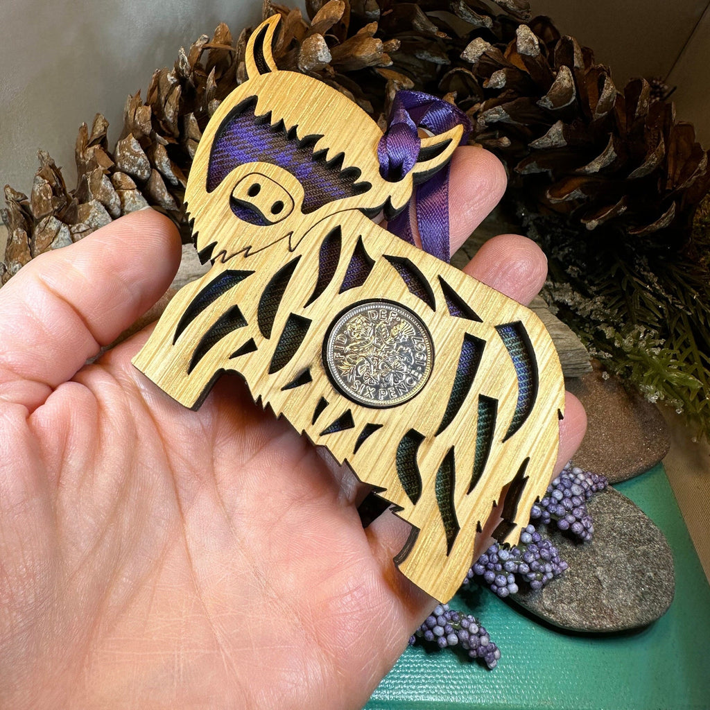 Tartan Highland Cow Lucky Sixpence Ornament