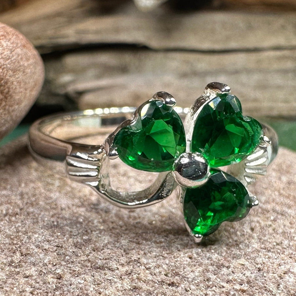 Emerald Irish Shamrock Ring in Sterling Silver