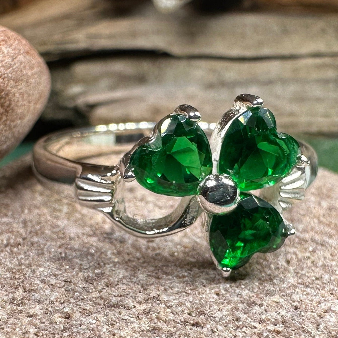 Emerald Irish Shamrock Ring in Sterling Silver