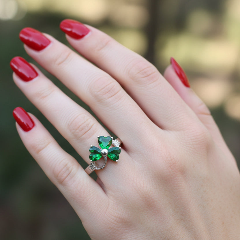 Emerald Irish Shamrock Ring in Sterling Silver