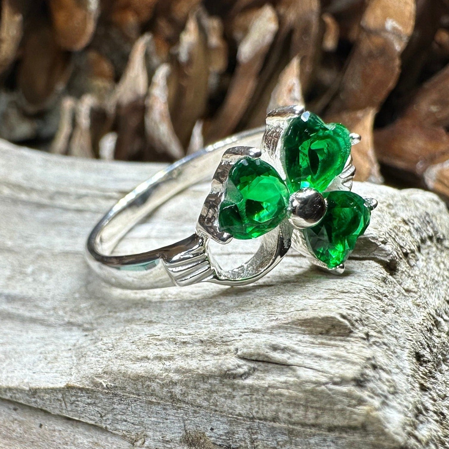 Emerald Irish Shamrock Ring in Sterling Silver