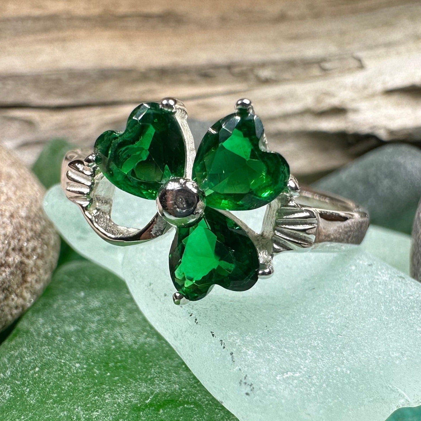 Emerald Irish Shamrock Ring in Sterling Silver