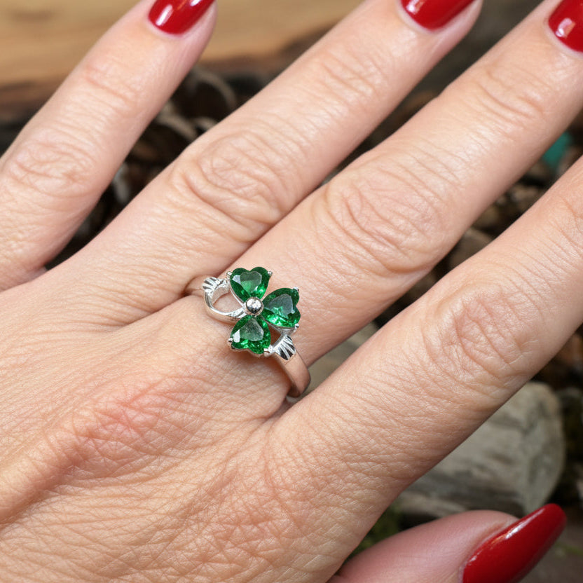 Emerald Irish Shamrock Ring in Sterling Silver
