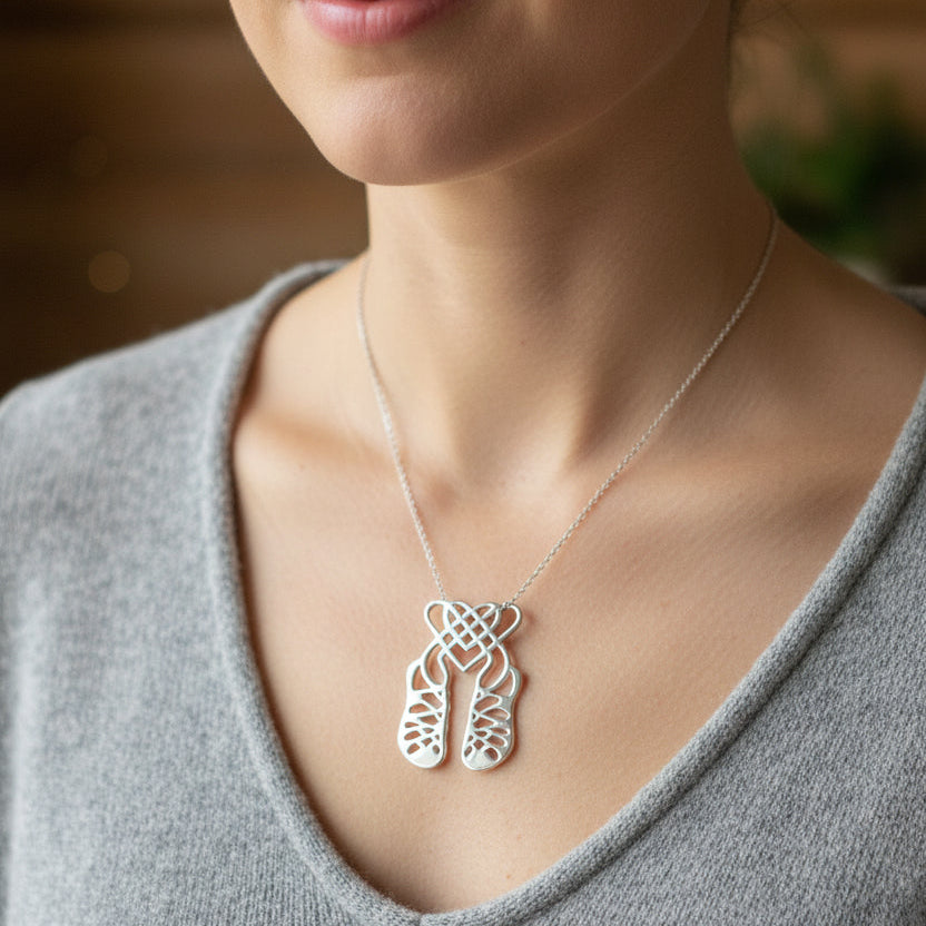 Celtic Heart Irish Dance Shoes Necklace in Sterling Silver