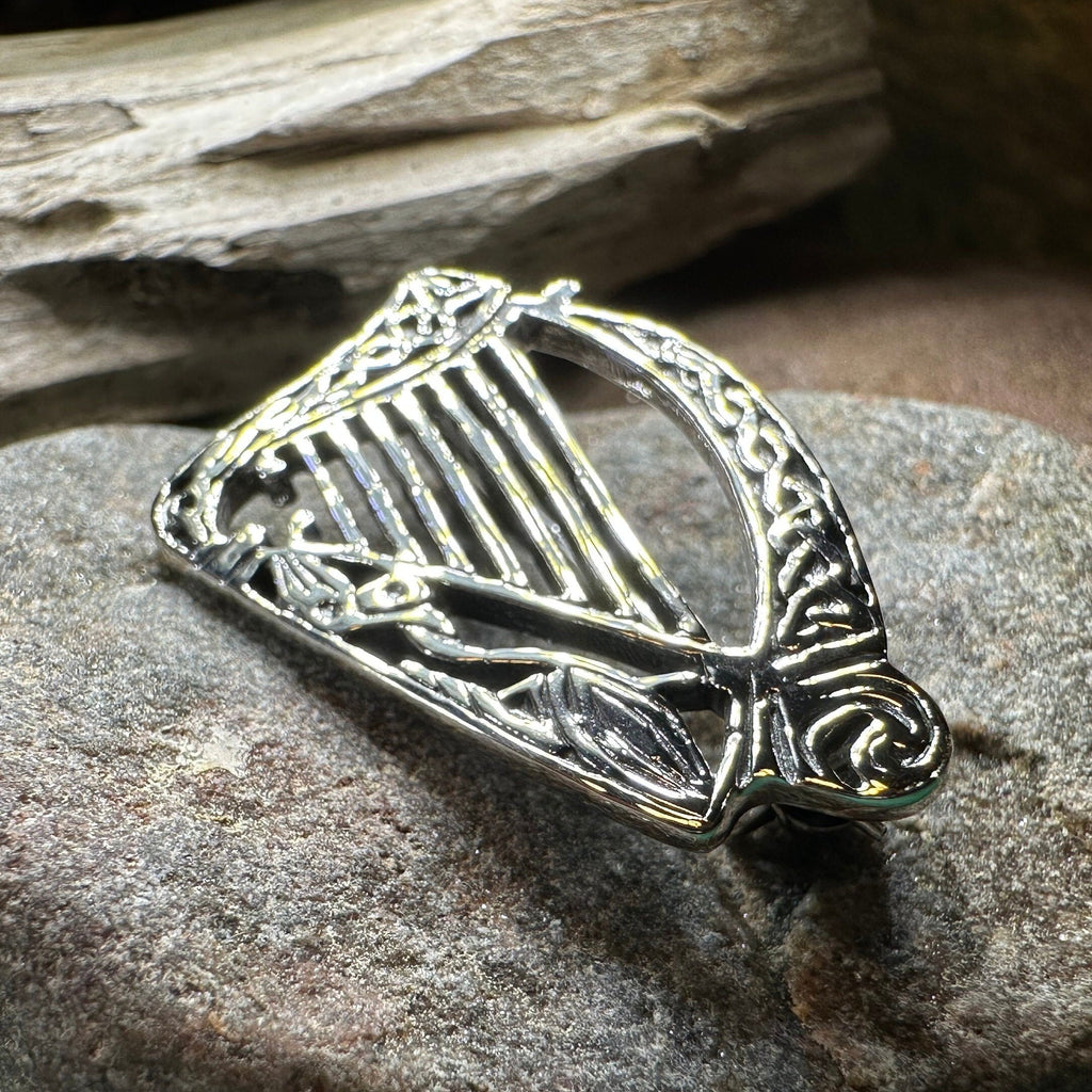 Ancient Bard Celtic Harp Brooch - Irish Sterling Silver Pin