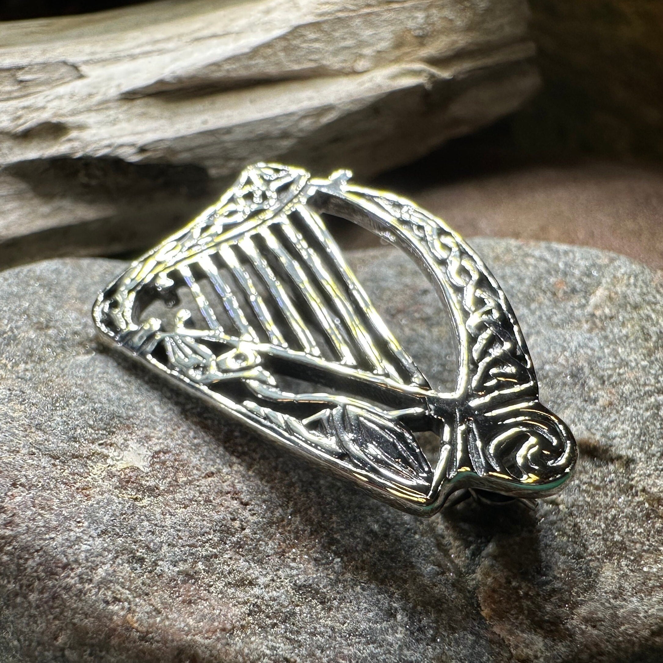 Ancient Bard Celtic Harp Brooch - Irish Sterling Silver Pin