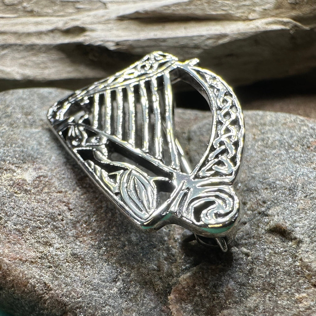 Ancient Bard Celtic Harp Brooch - Irish Sterling Silver Pin