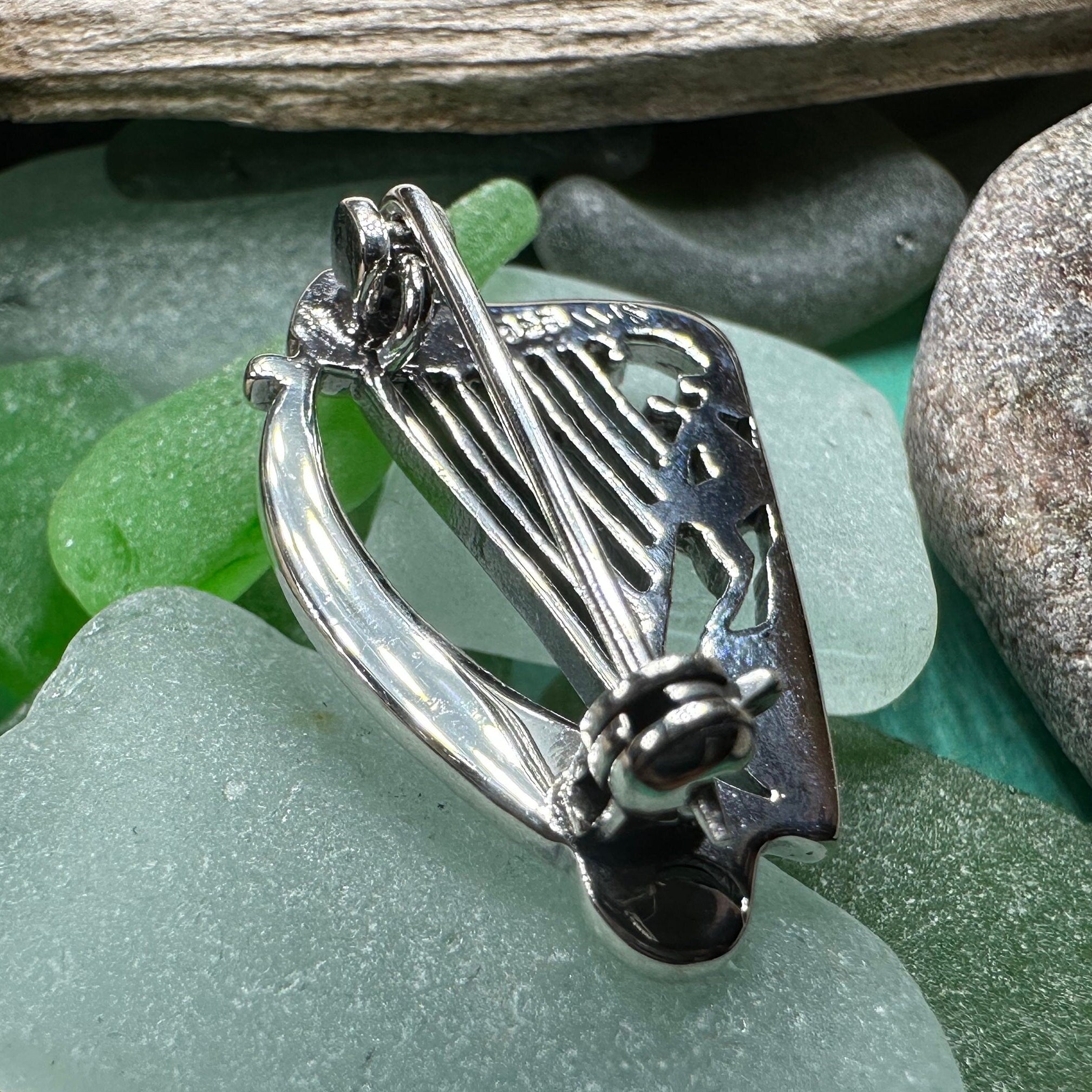 Ancient Bard Celtic Harp Brooch - Irish Sterling Silver Pin