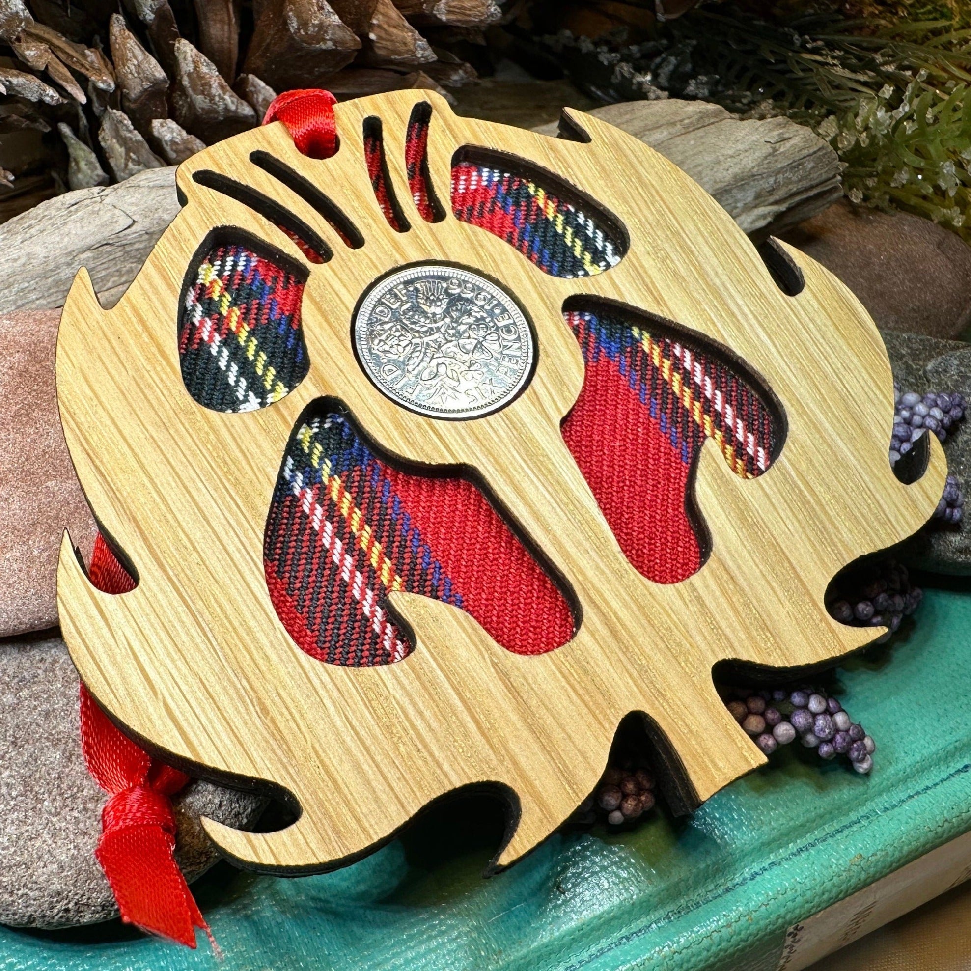 Tartan Thistle Ornament with Lucky Sixpence