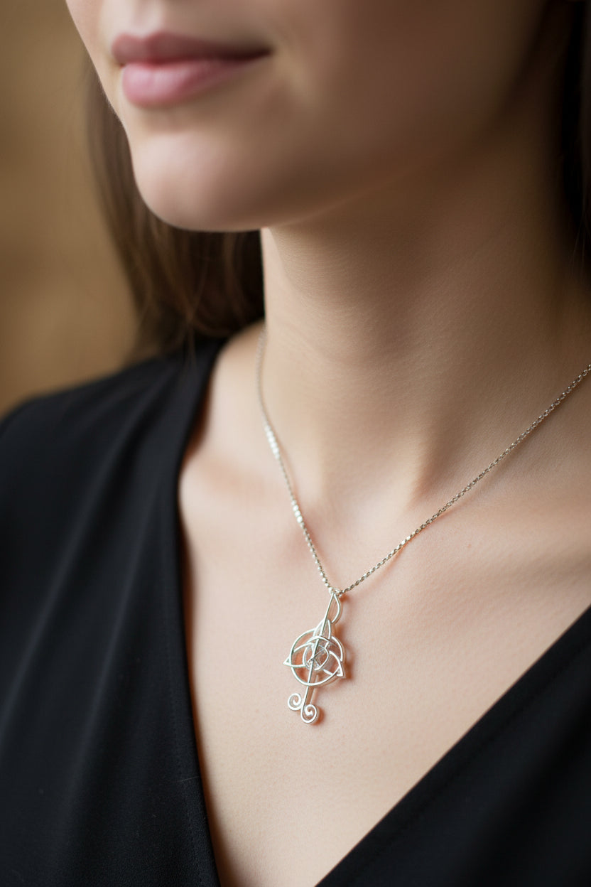 Celtic Music Note Necklace in Sterling Silver