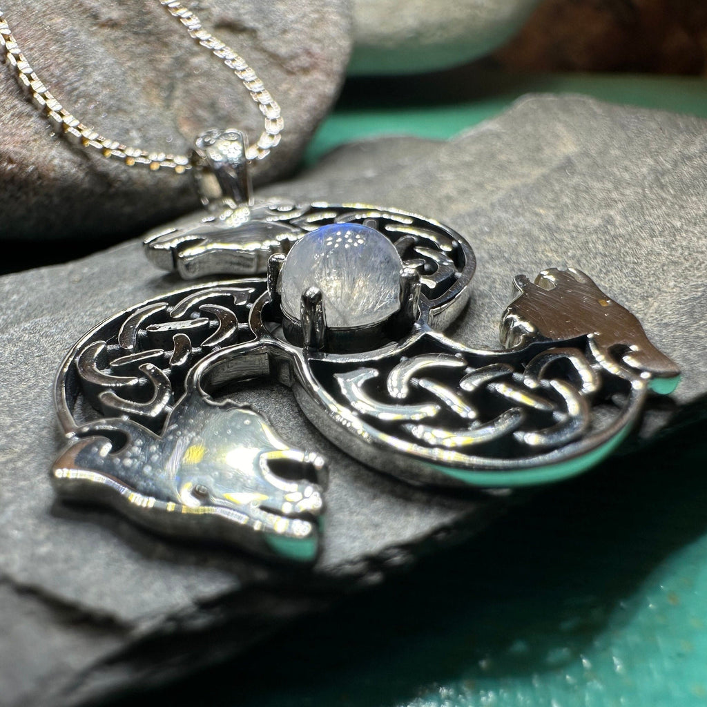 Celtic Bear Triple Spiral Necklace with Moonstone