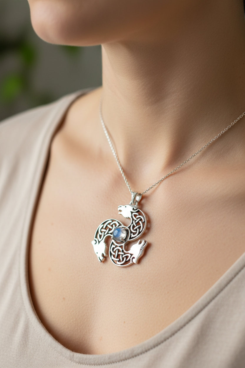 Celtic Bear Triple Spiral Necklace with Moonstone