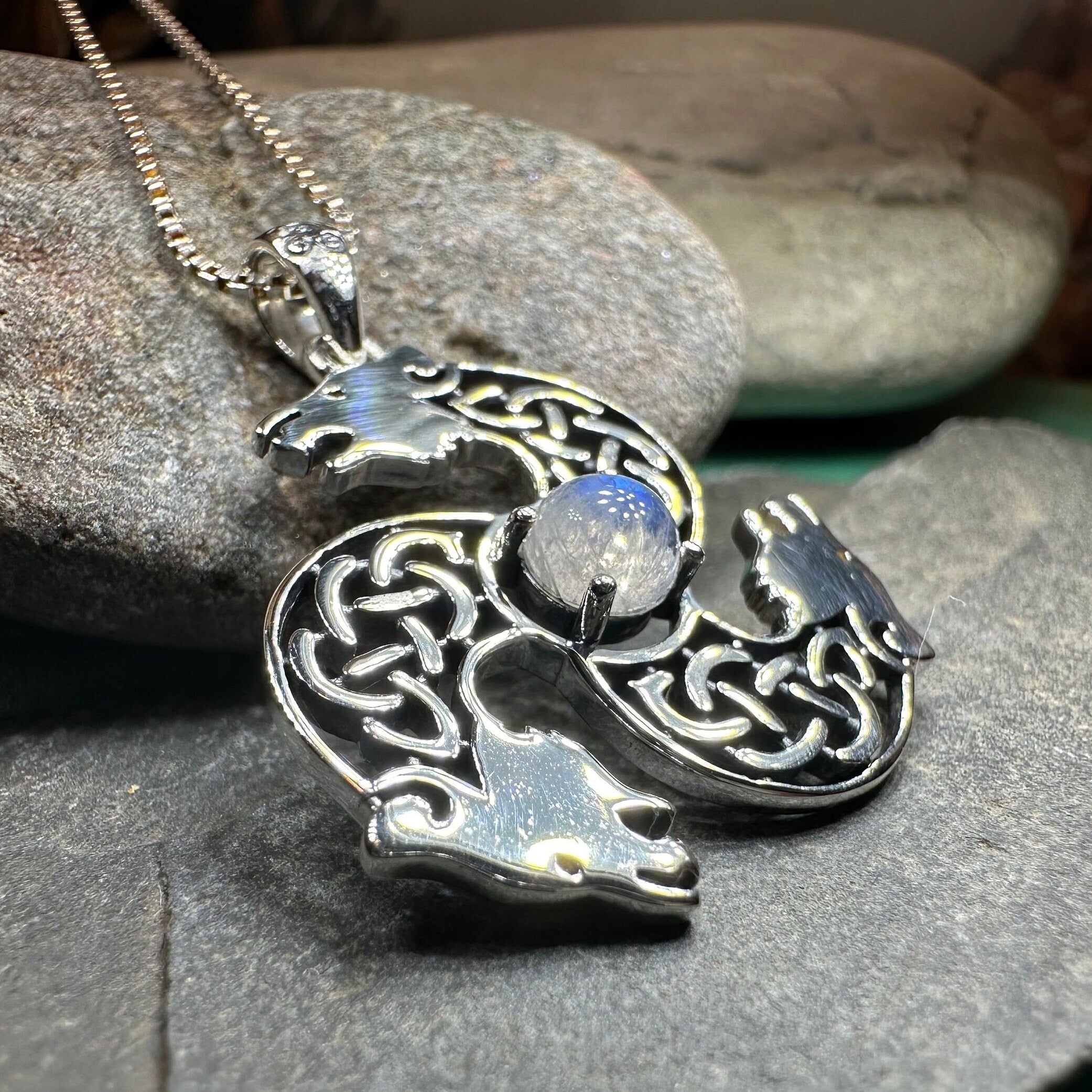 Celtic Bear Triple Spiral Necklace with Moonstone