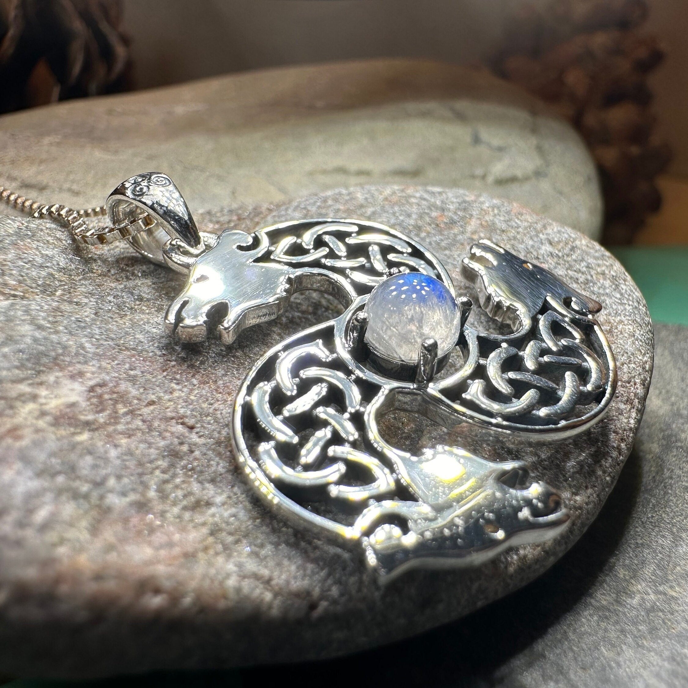 Celtic Bear Triple Spiral Necklace with Moonstone