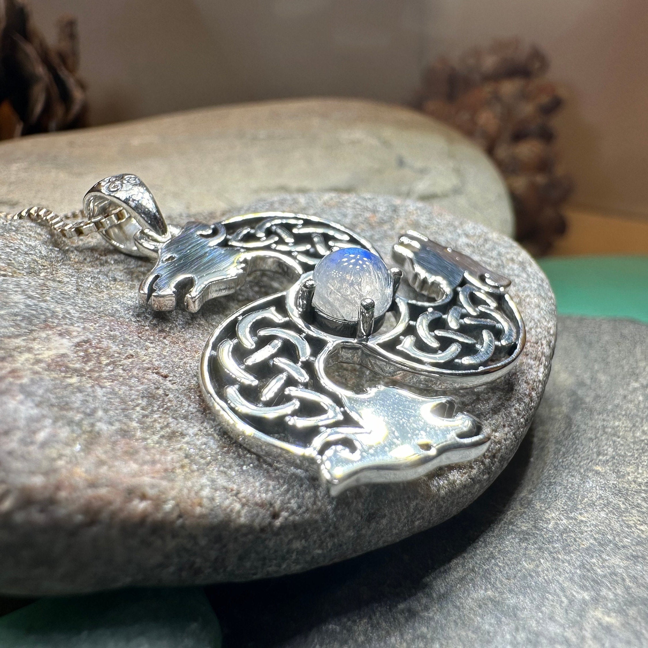 Celtic Bear Triple Spiral Necklace with Moonstone