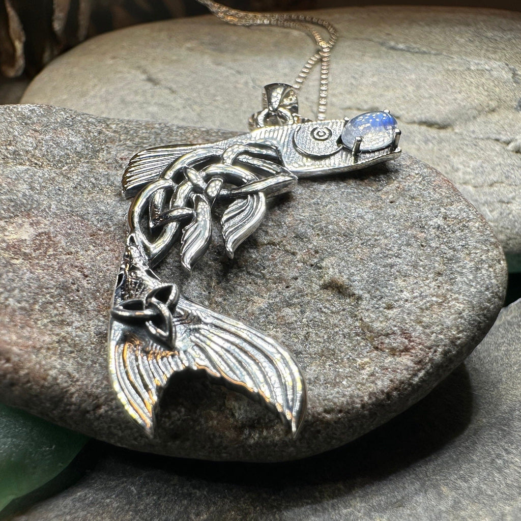 Irish Salmon of Knowledge Moonstone Necklace in Sterling Silver