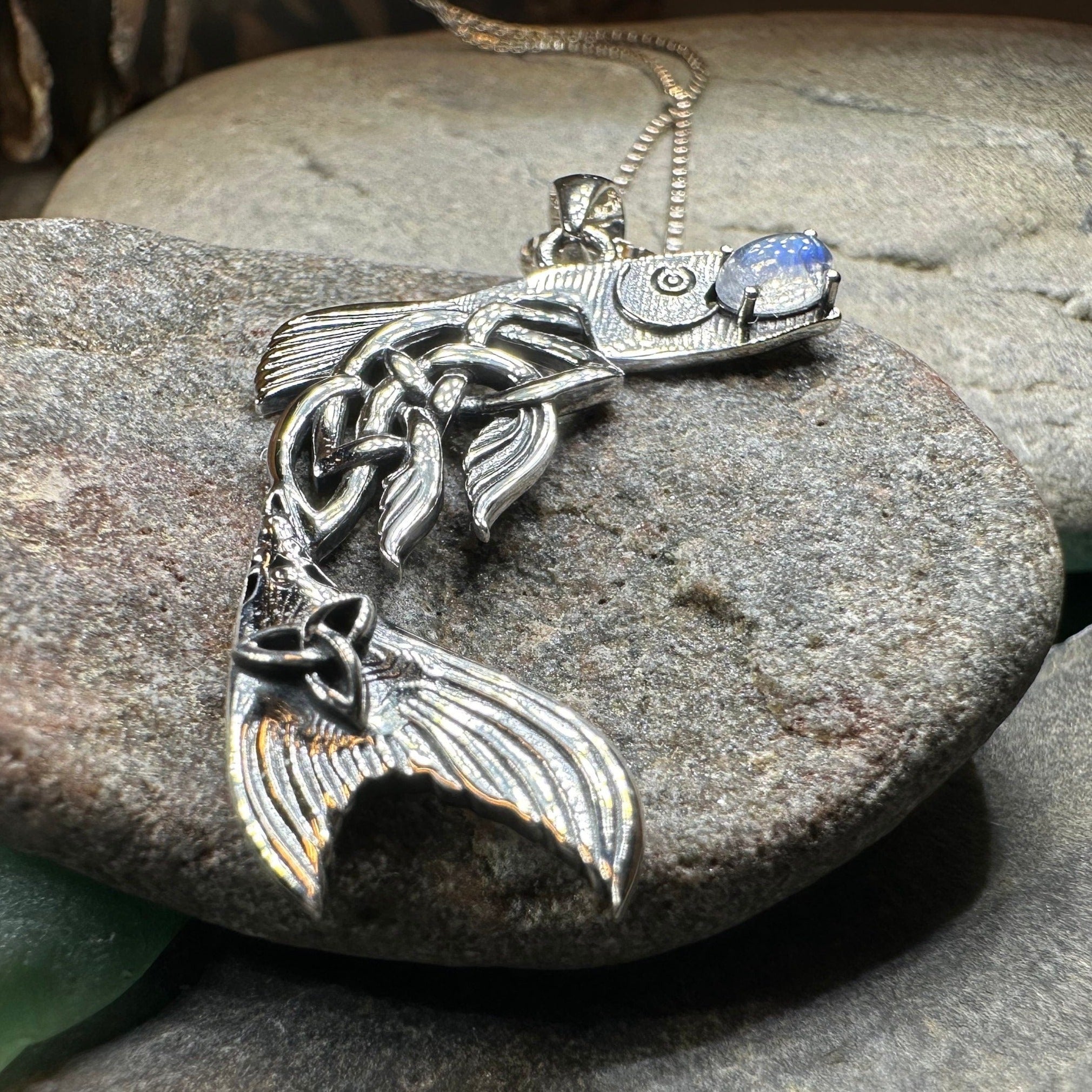 Irish Salmon of Knowledge Moonstone Necklace in Sterling Silver