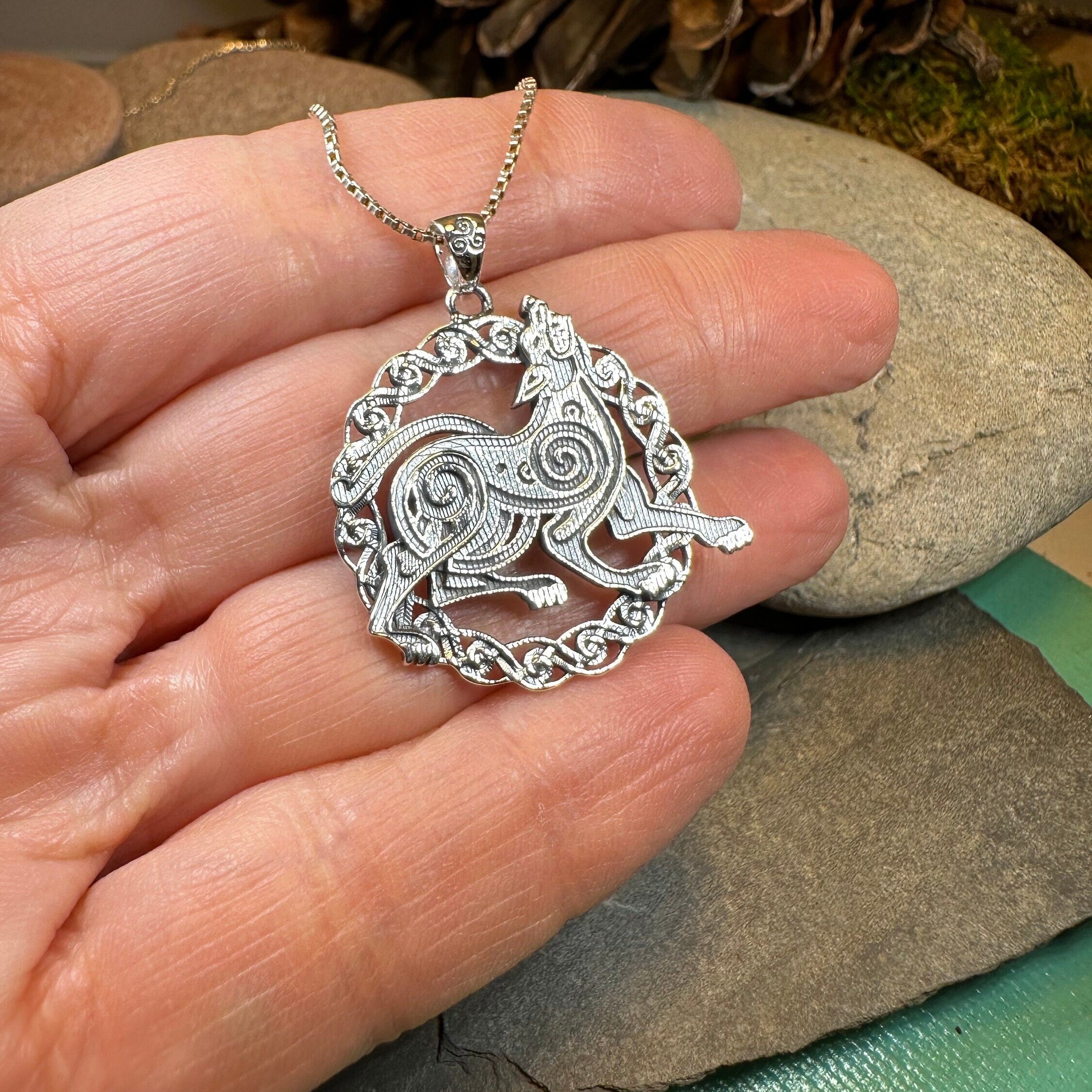 Pictish Celtic Dog Necklace in Sterling Silver