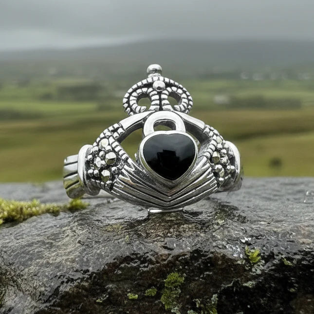 True Bond Onyx Irish Claddagh Ring in Sterling Silver