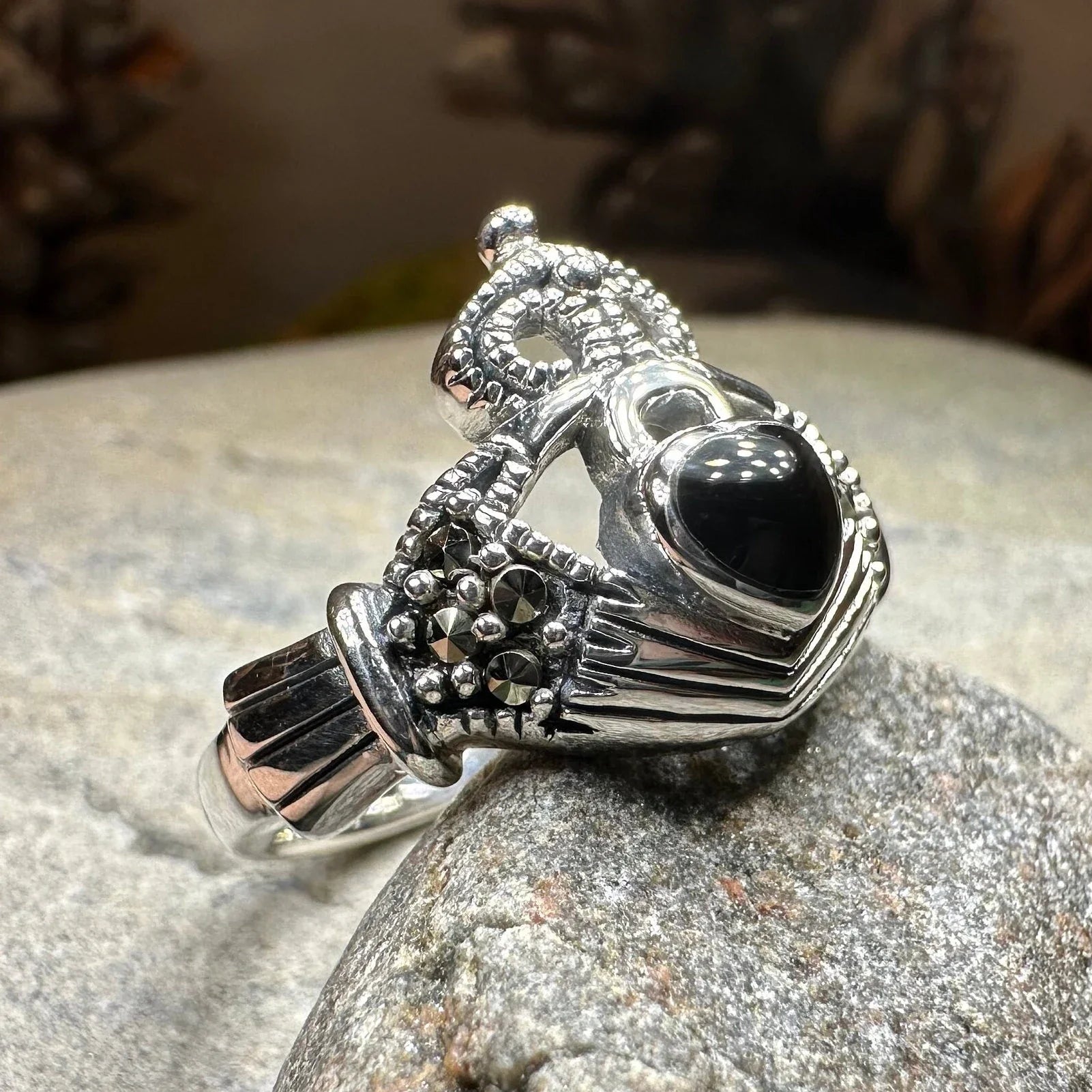 True Bond Onyx Irish Claddagh Ring in Sterling Silver