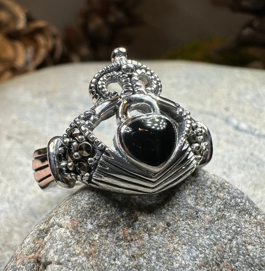 True Bond Onyx Irish Claddagh Ring in Sterling Silver