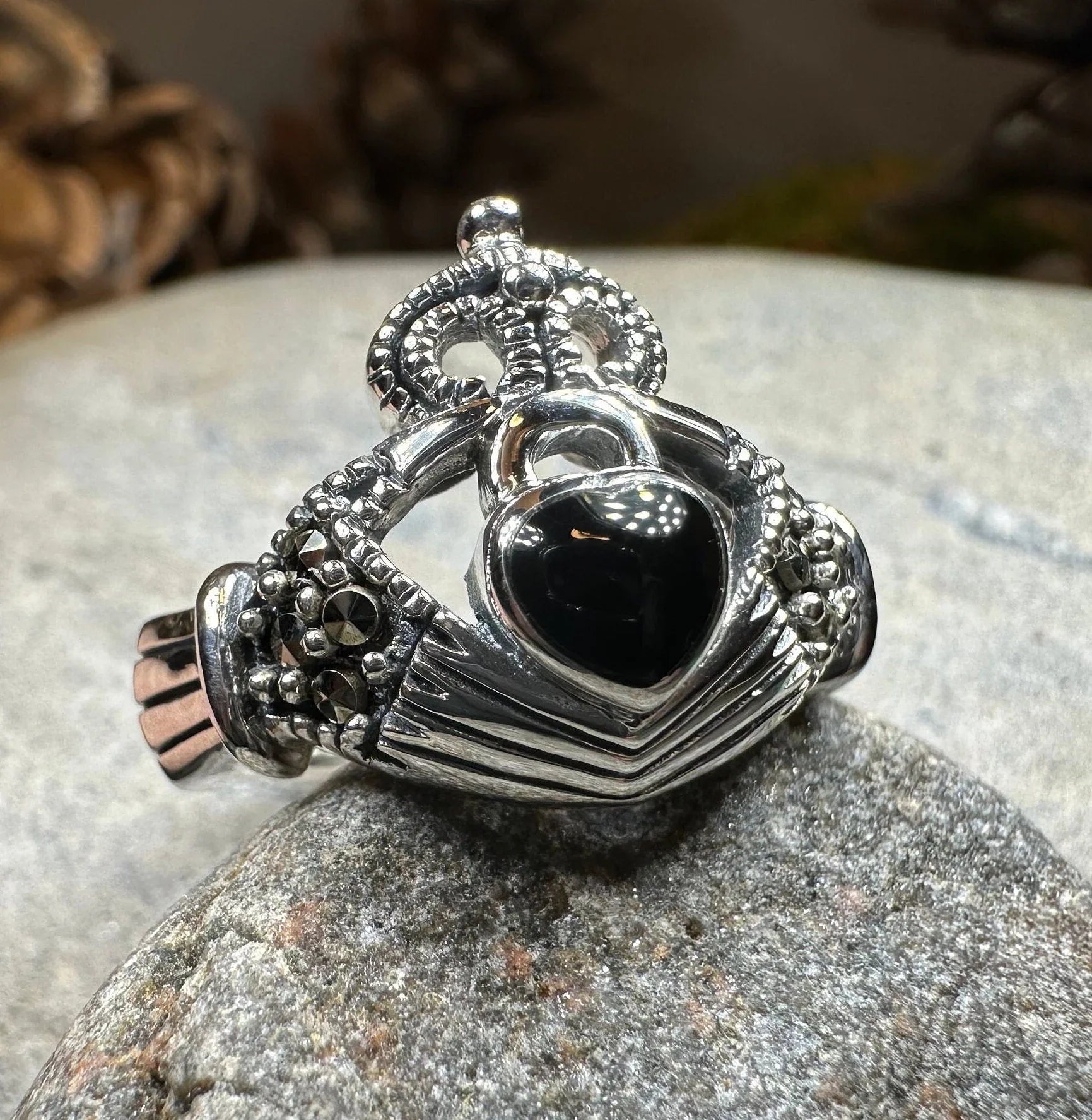 True Bond Onyx Irish Claddagh Ring in Sterling Silver