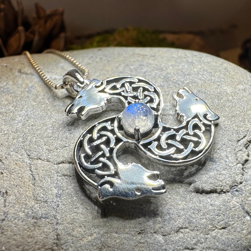 Celtic Bear Triple Spiral Necklace with Moonstone