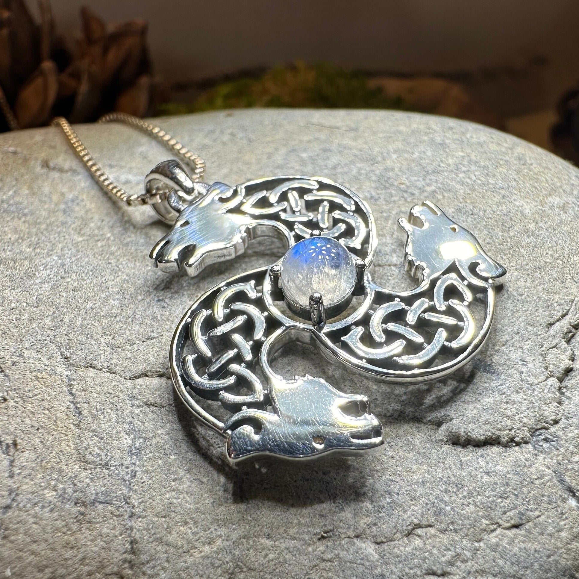 Celtic Bear Triple Spiral Necklace with Moonstone
