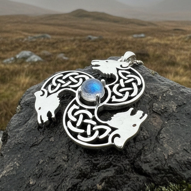 Celtic Bear Triple Spiral Necklace with Moonstone
