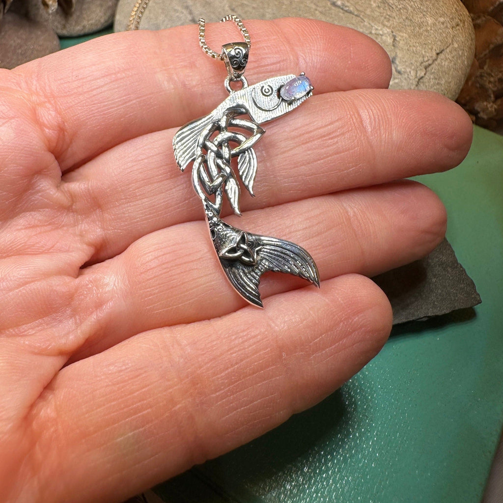 Irish Salmon of Knowledge Moonstone Necklace in Sterling Silver