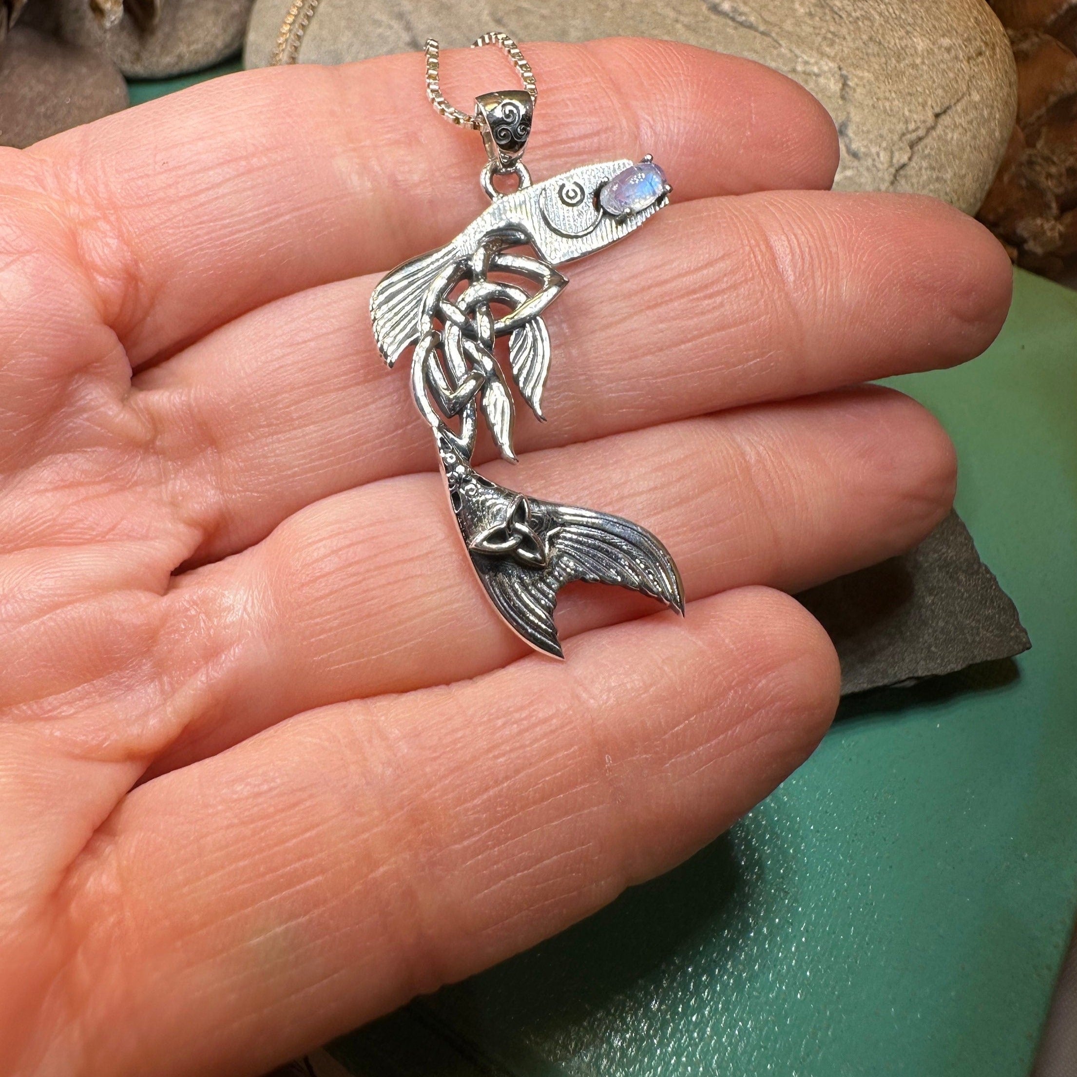 Irish Salmon of Knowledge Moonstone Necklace in Sterling Silver