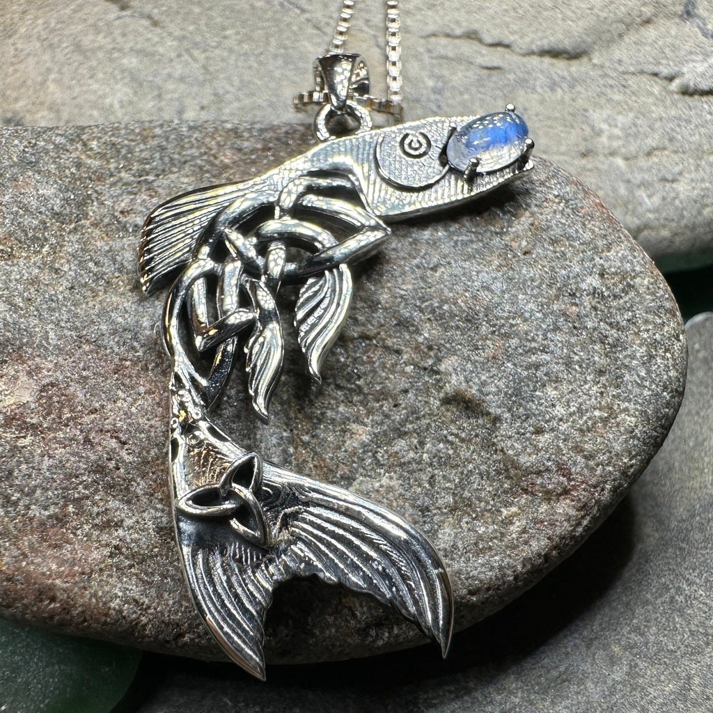 Irish Salmon of Knowledge Moonstone Necklace in Sterling Silver