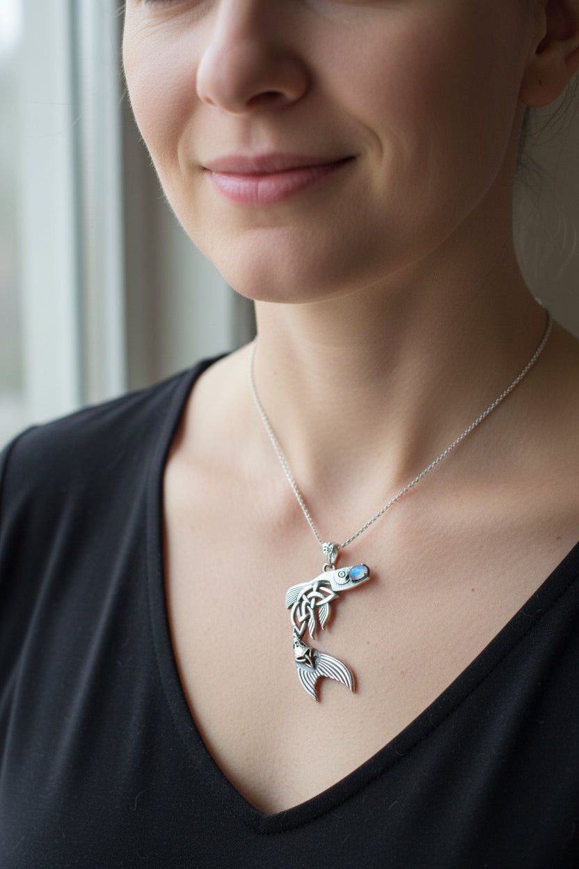 Irish Salmon of Knowledge Moonstone Necklace in Sterling Silver