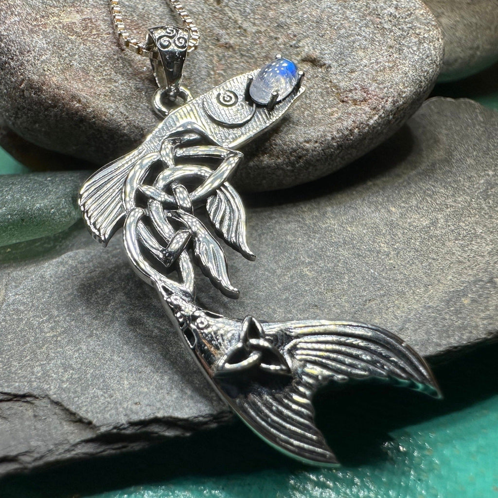 Irish Salmon of Knowledge Moonstone Necklace in Sterling Silver