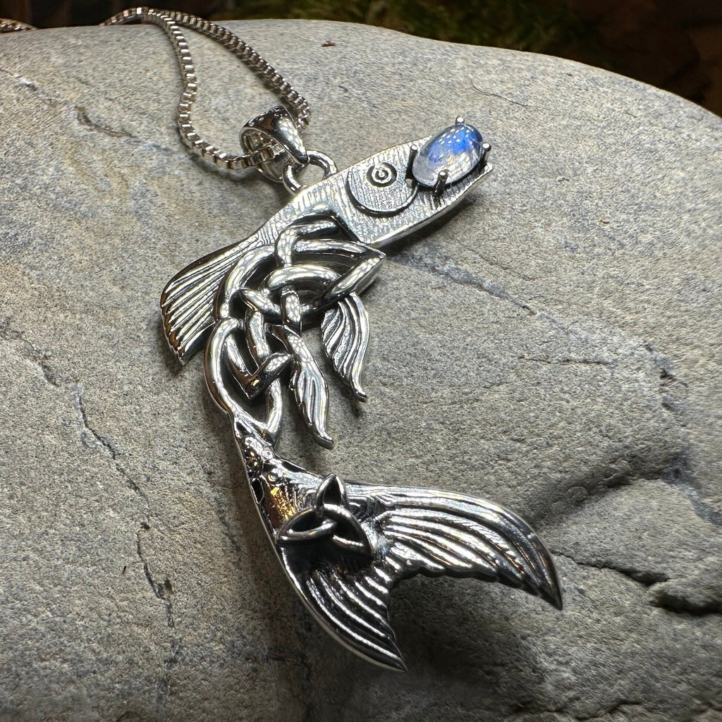 Irish Salmon of Knowledge Moonstone Necklace in Sterling Silver
