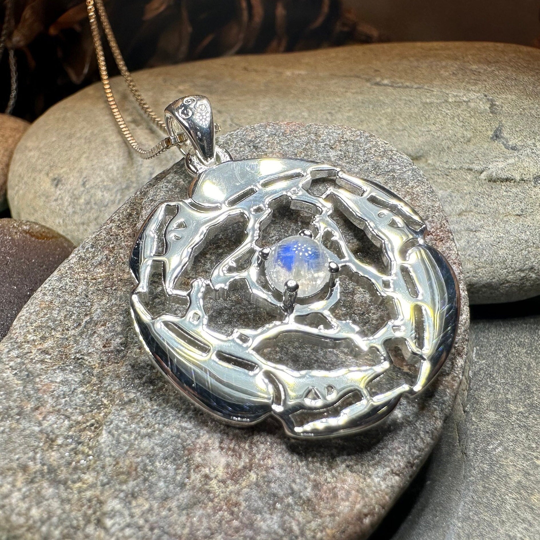 Old World Triple Raven Moonstone Necklace in Sterling Silver