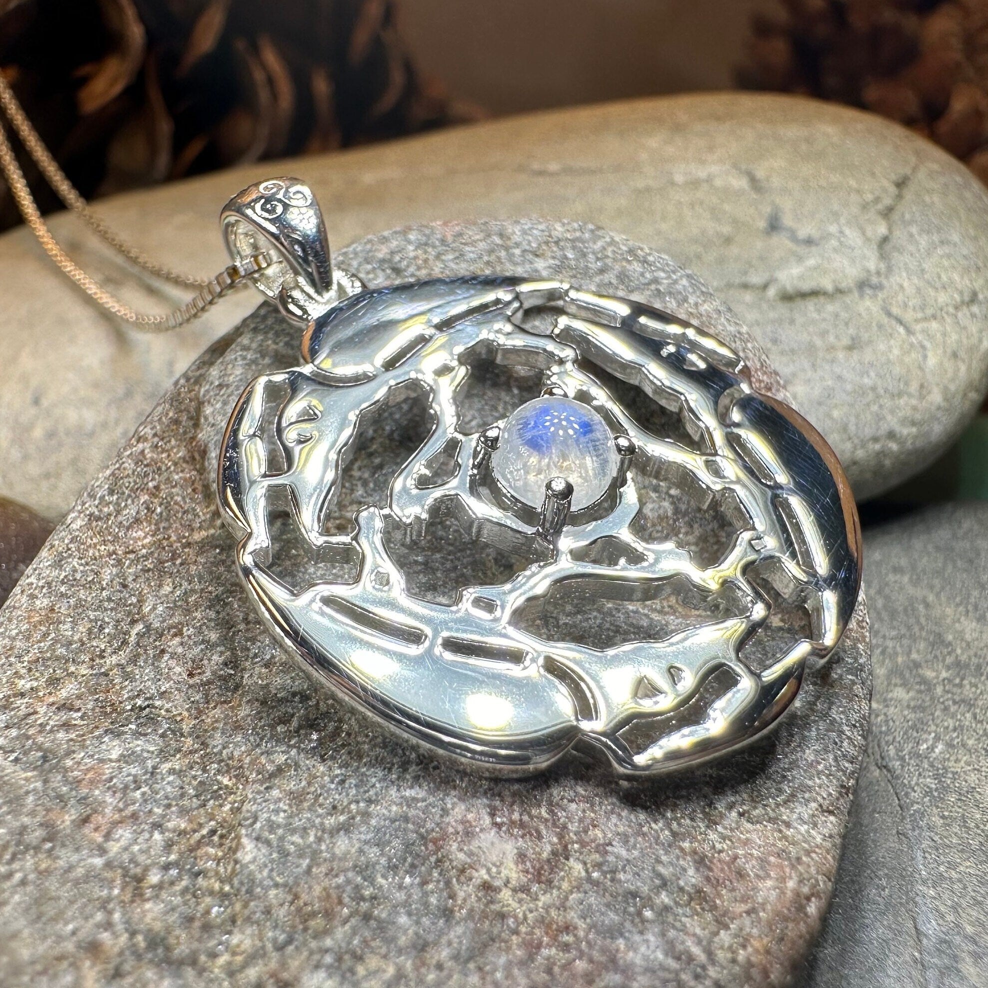 Old World Triple Raven Moonstone Necklace in Sterling Silver
