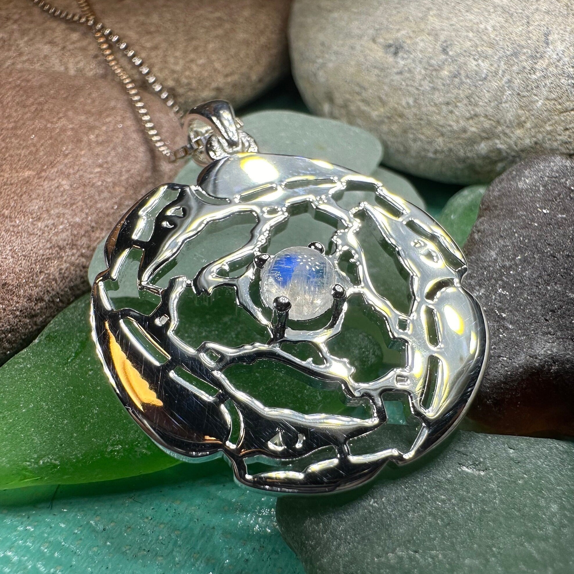 Old World Triple Raven Moonstone Necklace in Sterling Silver