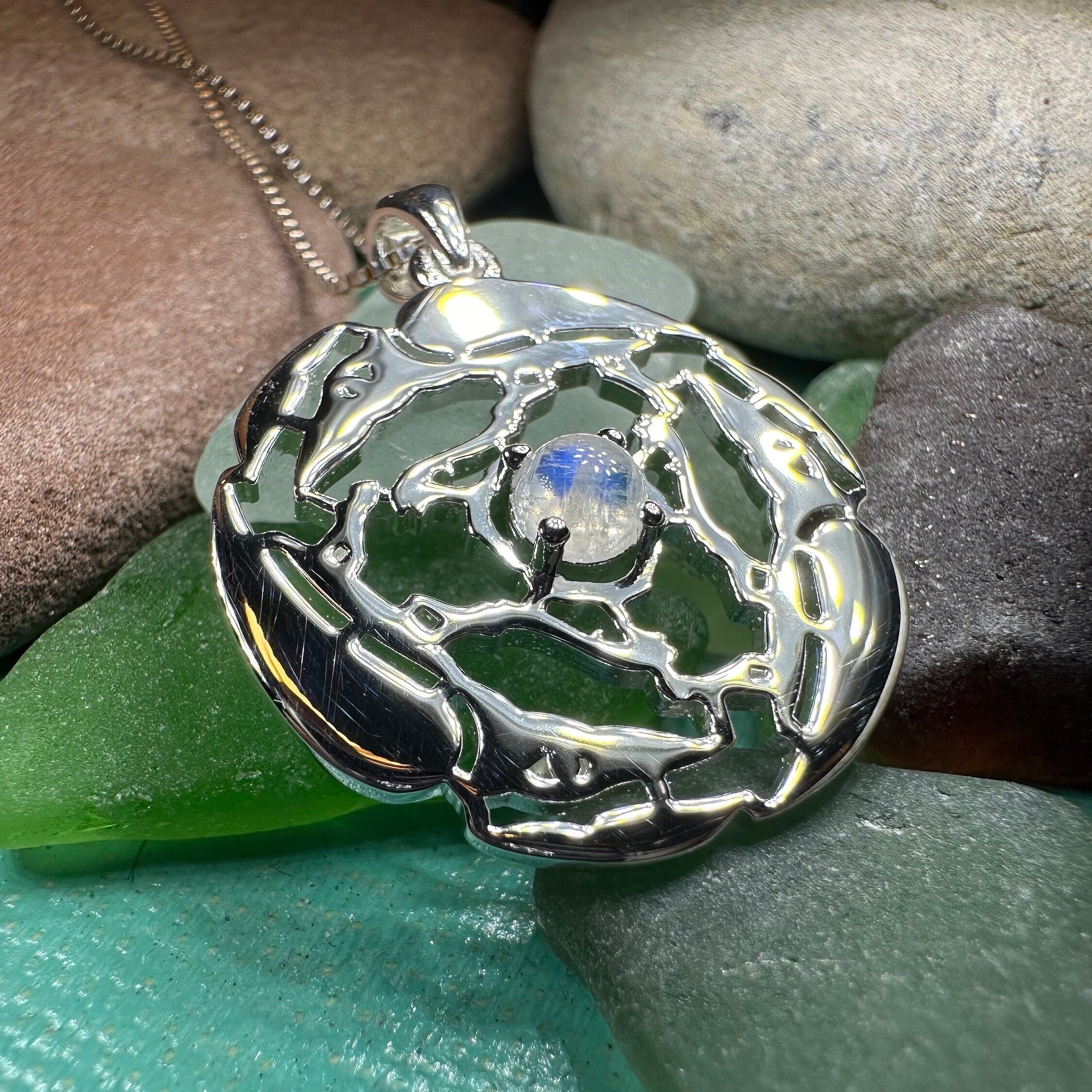 Old World Triple Raven Moonstone Necklace in Sterling Silver