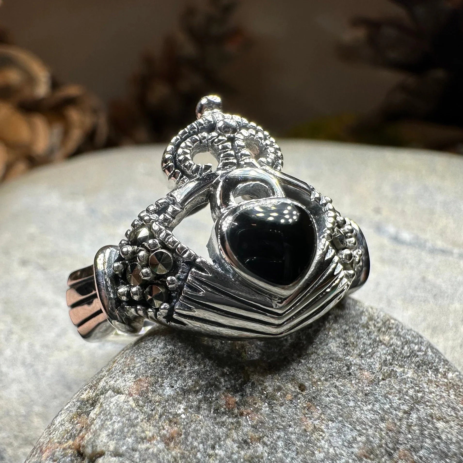 True Bond Onyx Irish Claddagh Ring in Sterling Silver