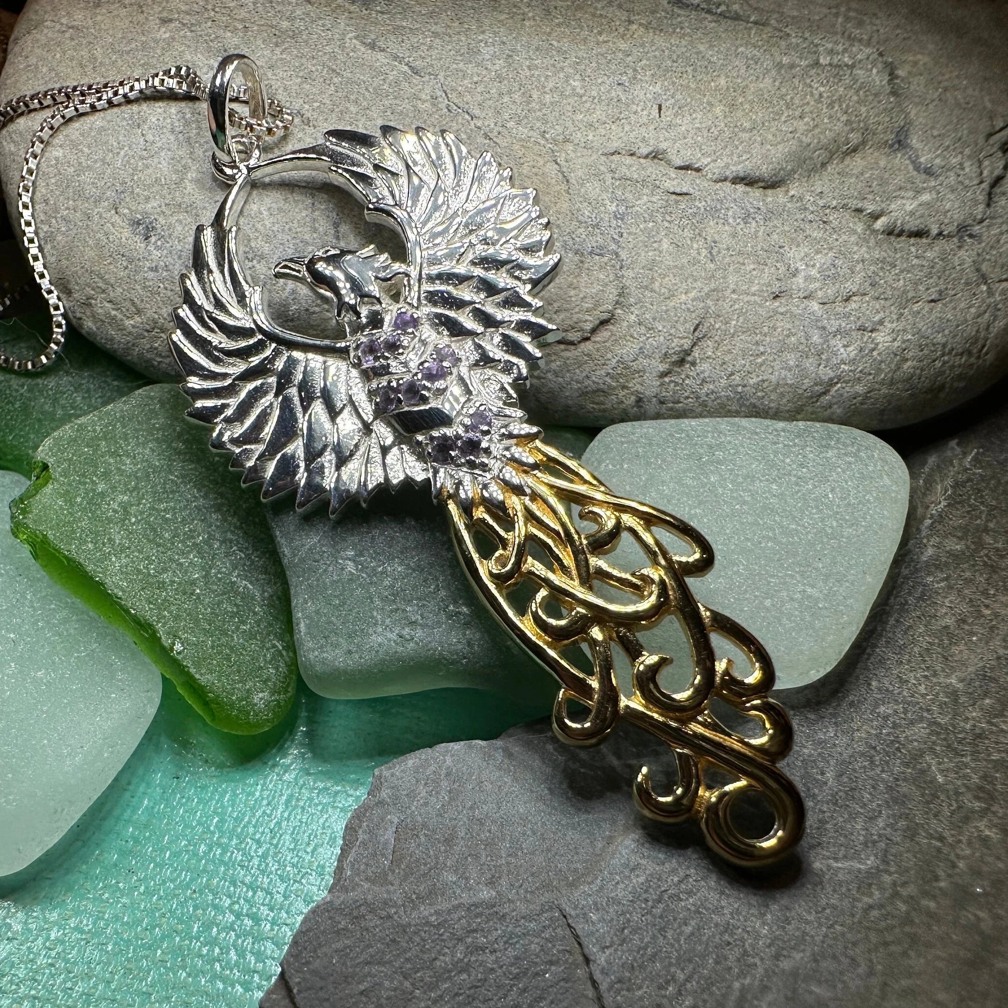 Golden Fire Phoenix Necklace in Sterling Silver
