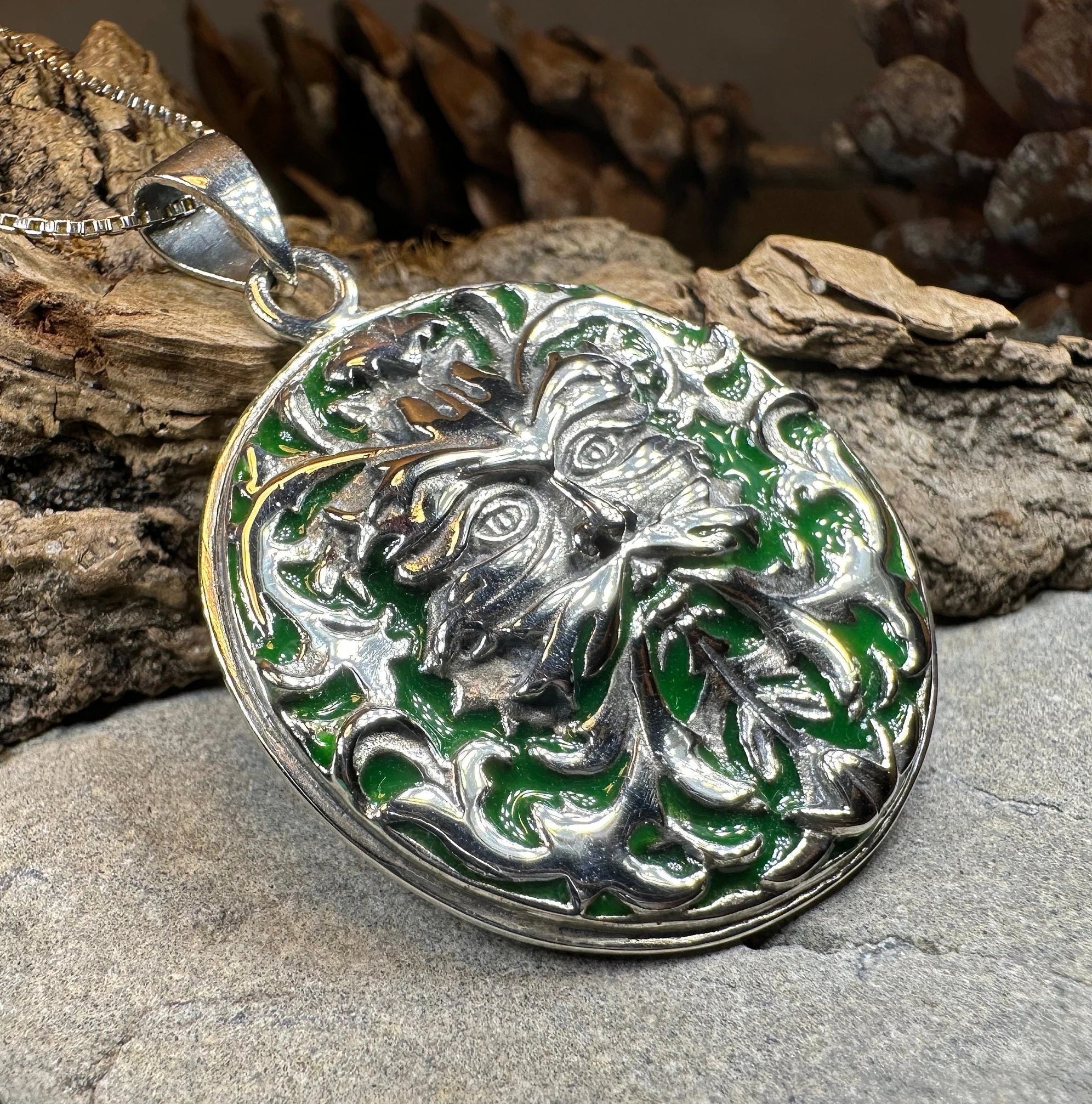Black Forest Green Man Necklace in Sterling Silver