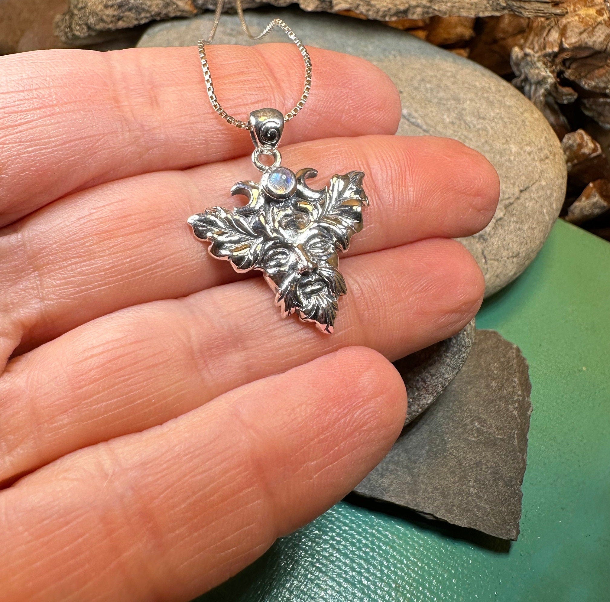 Huelgoat Green Man Moonstone Necklace in Sterling Silver