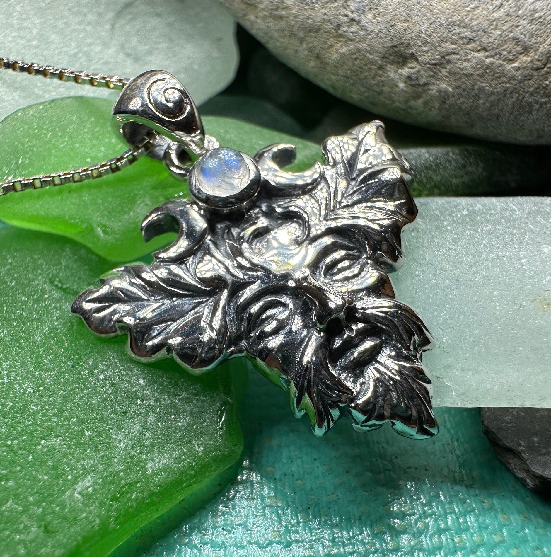 Huelgoat Green Man Moonstone Necklace in Sterling Silver